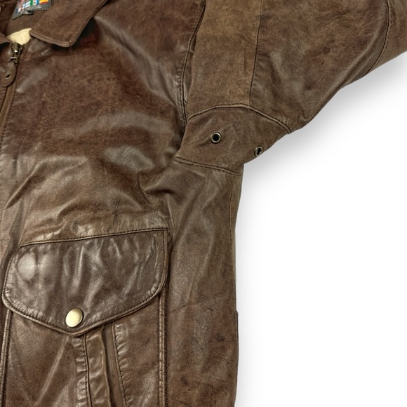 Paris Sport Club Sz Medium Brown Leather Bomber Jacket Front Pockets Fully Lined - Picture 8 of 16
